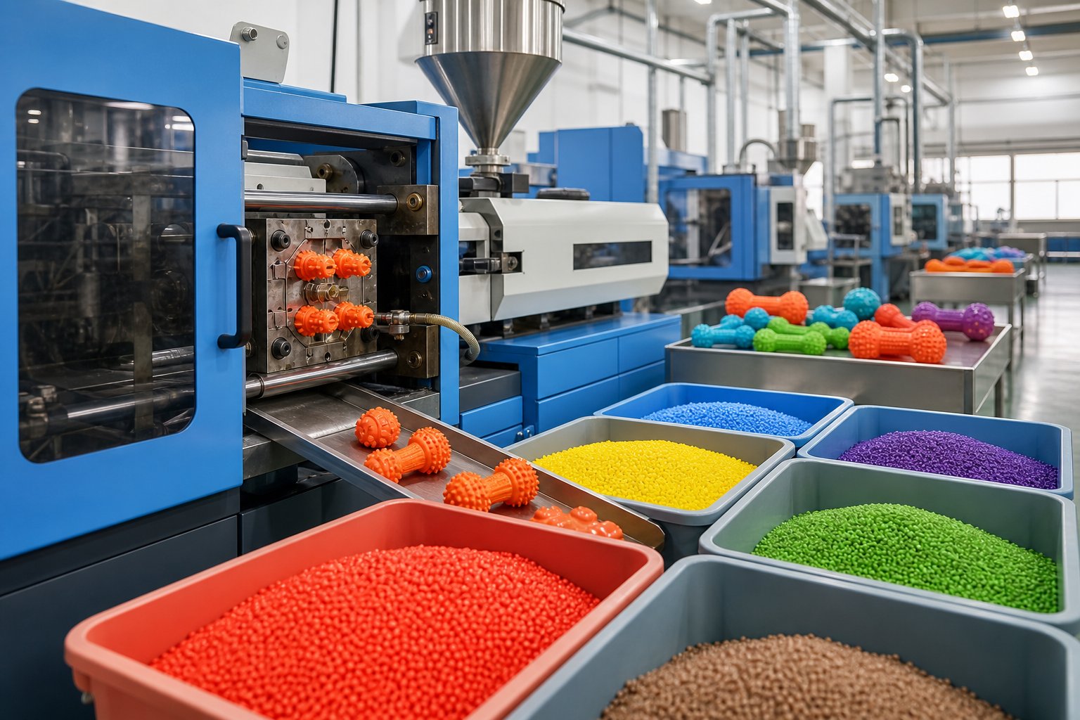 Colorful TPR granules and molding machine at a pet toy factory