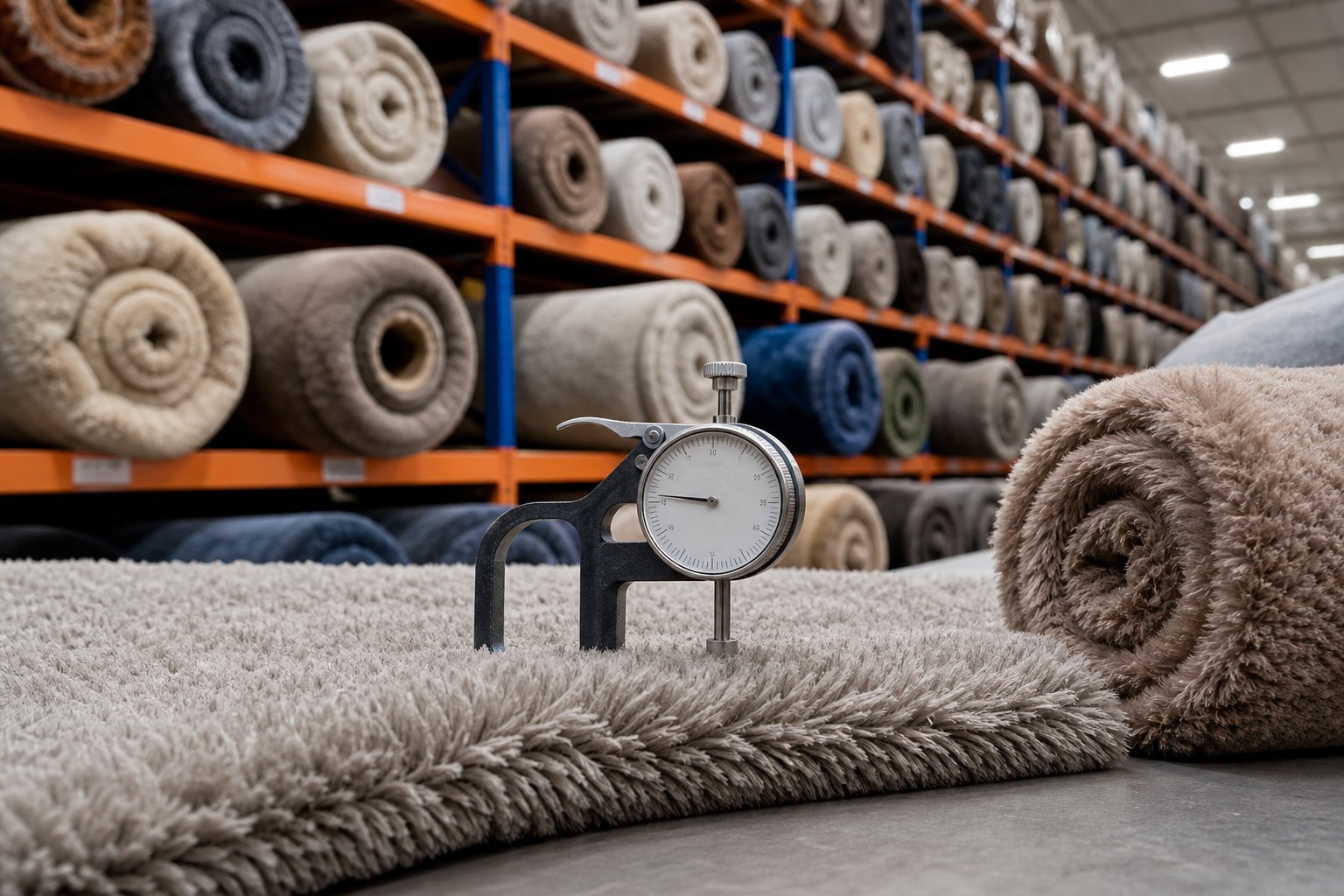 Plush fabric rolls in a warehouse with pile height being checked on a swatch