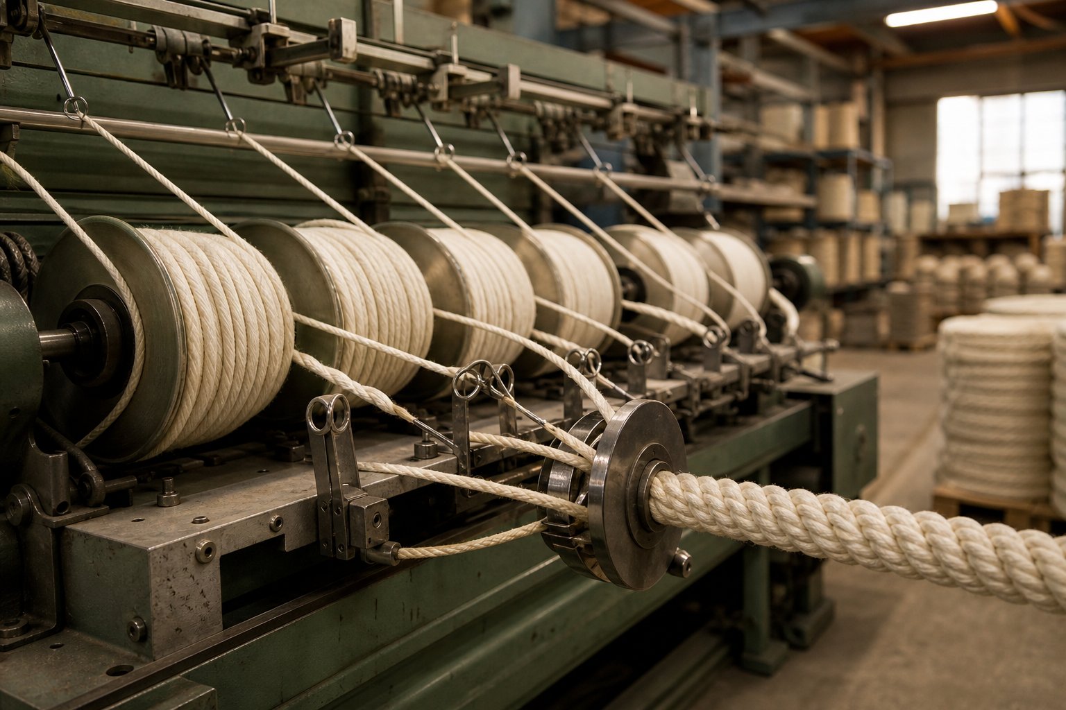 Rope braiding machine spinning cotton strands in a workshop