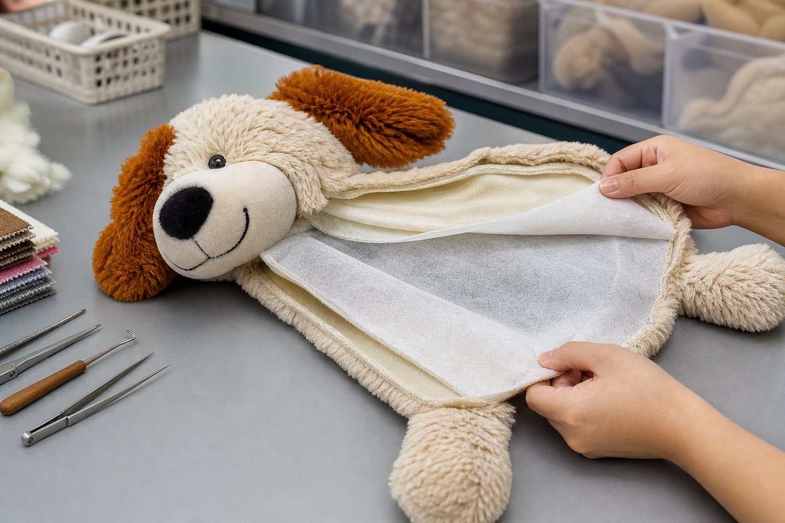 Dissected double-layer plush toy showing inner liner and outer fabric on an inspection table