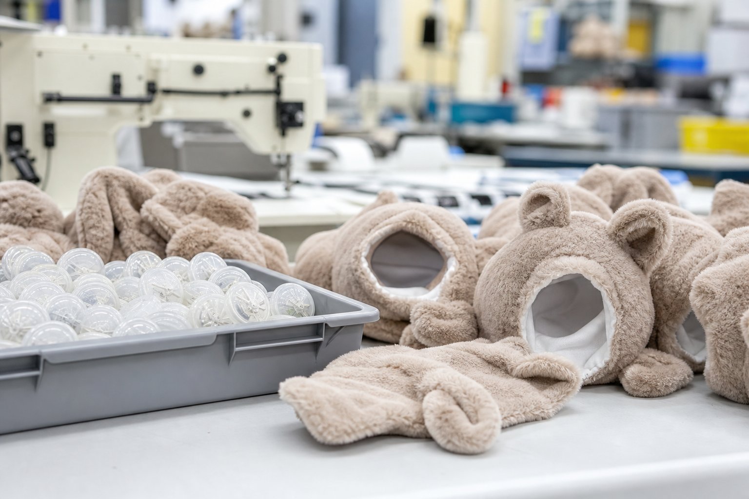 Squeaker units in a tray beside half-sewn plush shells at a sewing station