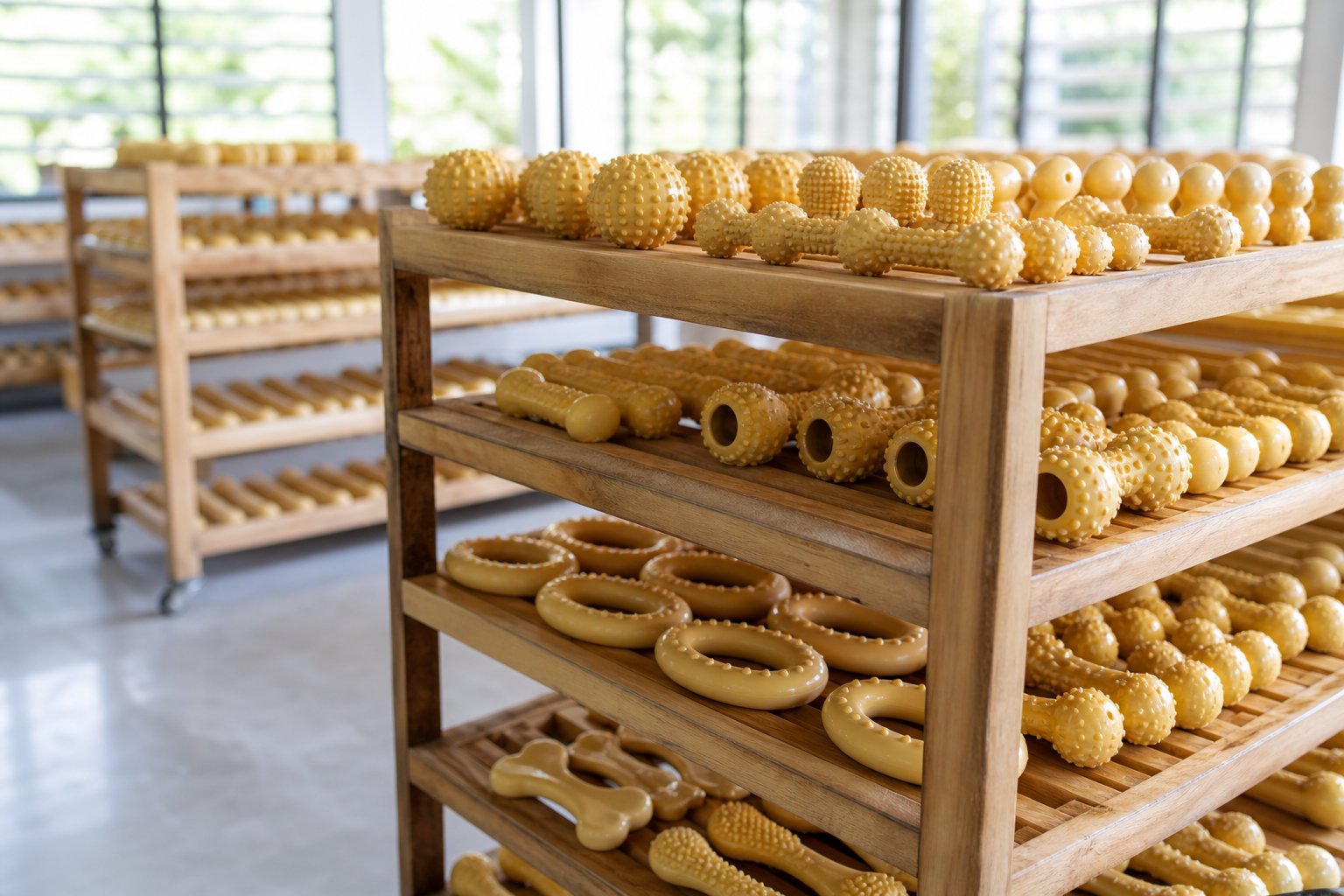 Natural rubber chew toys air drying on wooden racks in a bright workshop