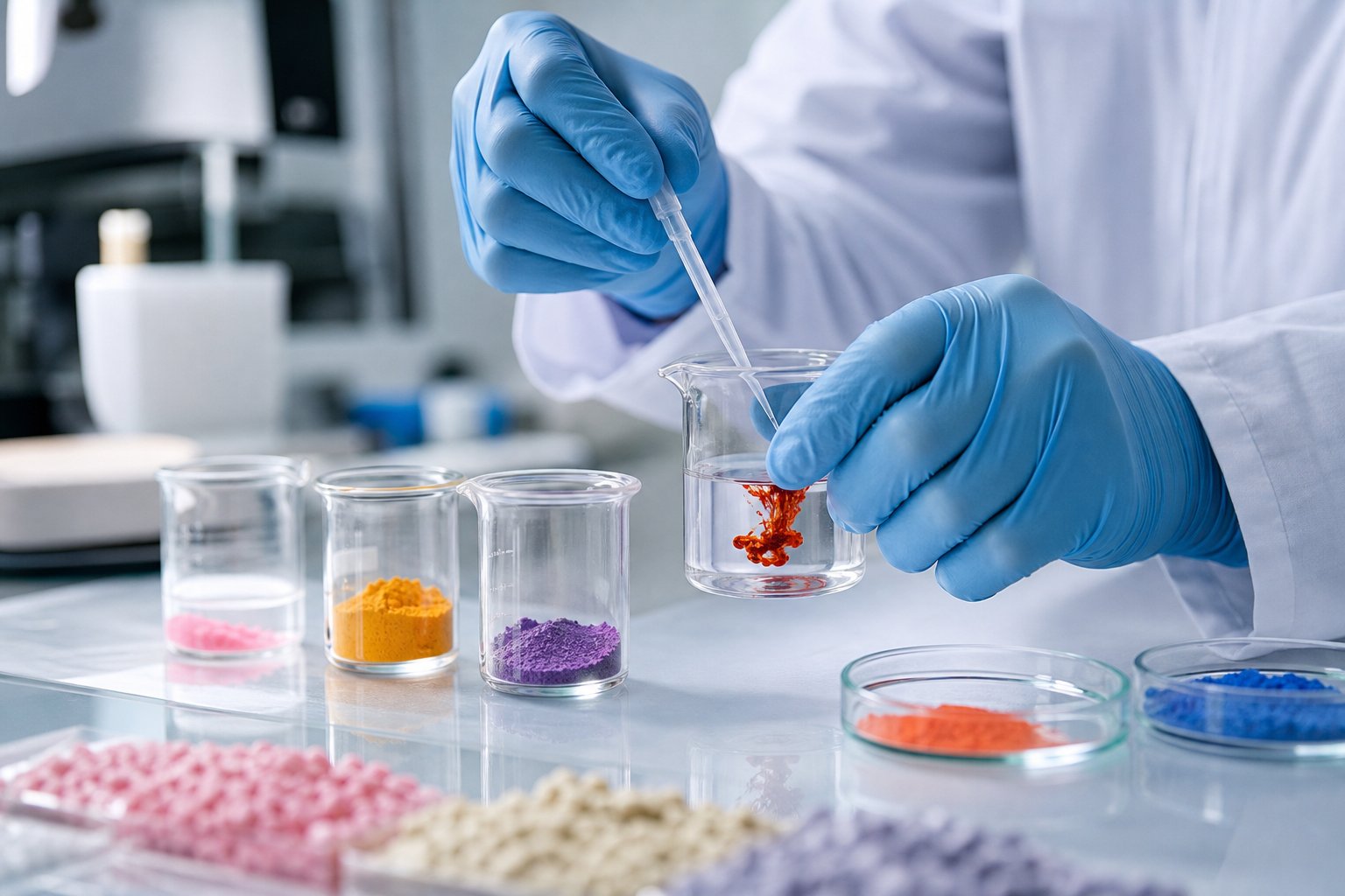 Laboratory technician preparing colorant samples for migration testing