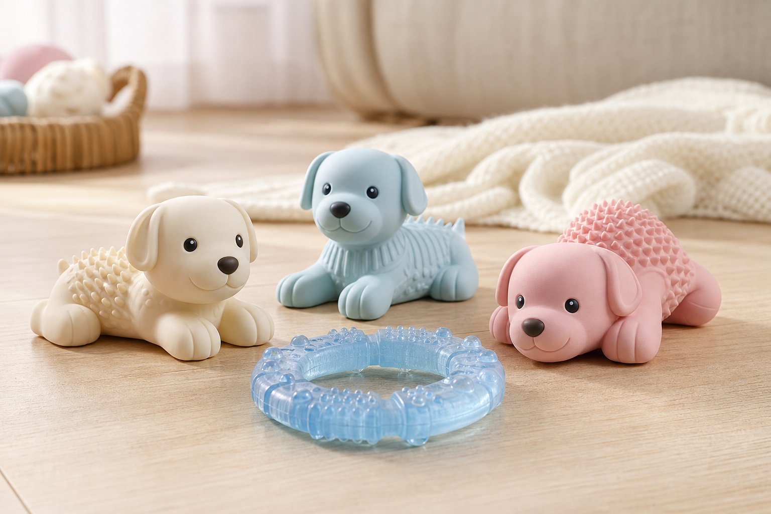 Soft rubber puppy teething toys arranged beside a frozen chew ring