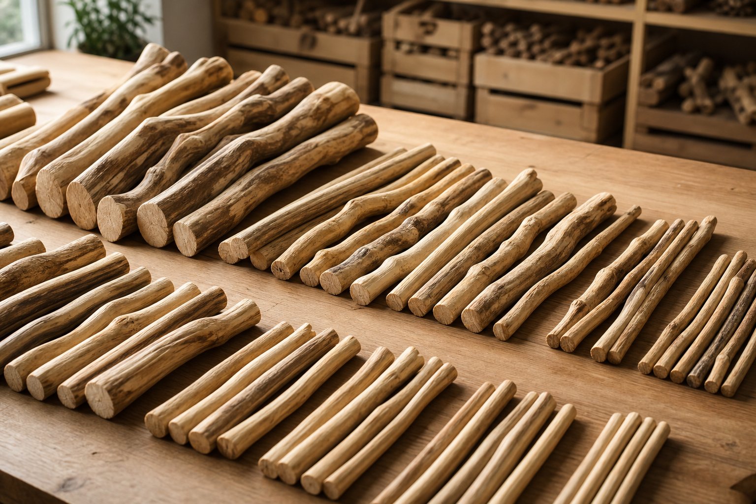 Coffee wood chews sorted by size into grades on a workshop table