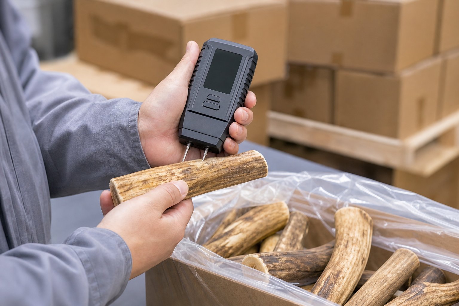 Moisture meter reading a wood chew at a packing station