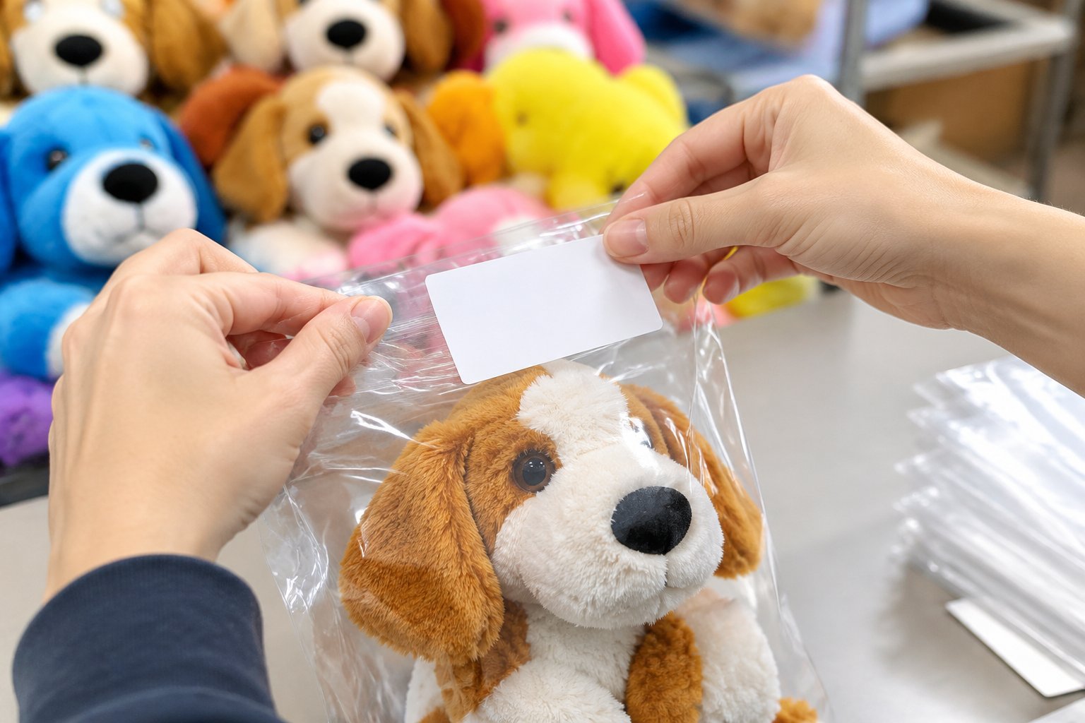 Hands applying a blank warning sticker to a clear toy polybag at a packing station