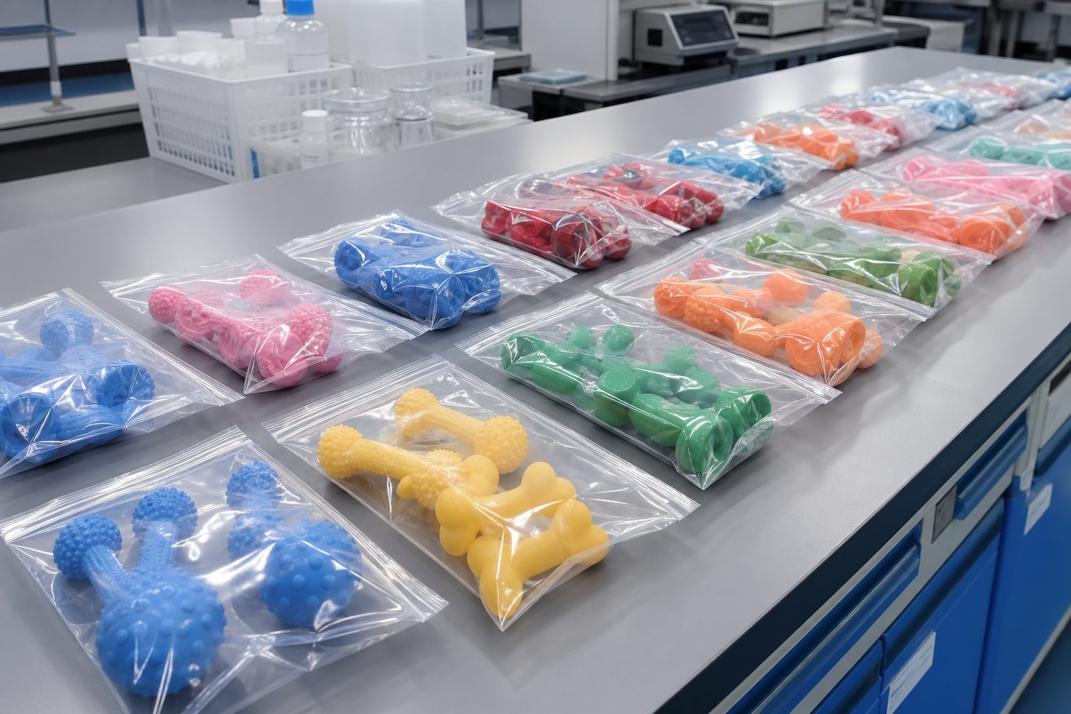 Rows of sealed sample bags with colorful vinyl toy parts on a lab bench
