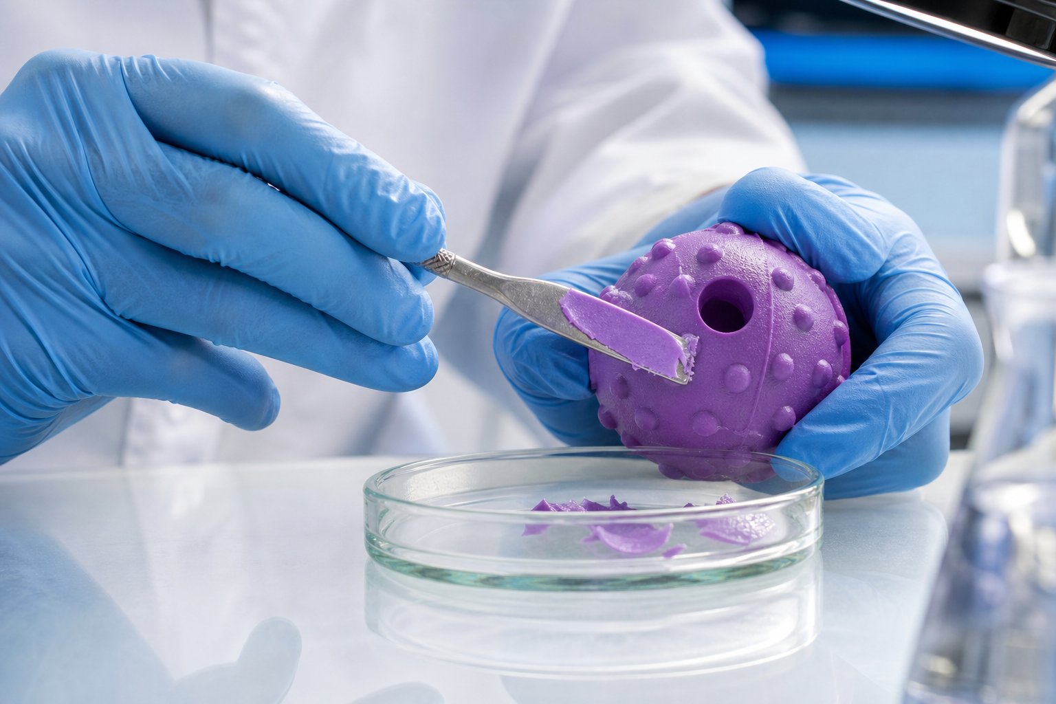 Gloved hands scraping a thin coating from a toy part into a glass dish