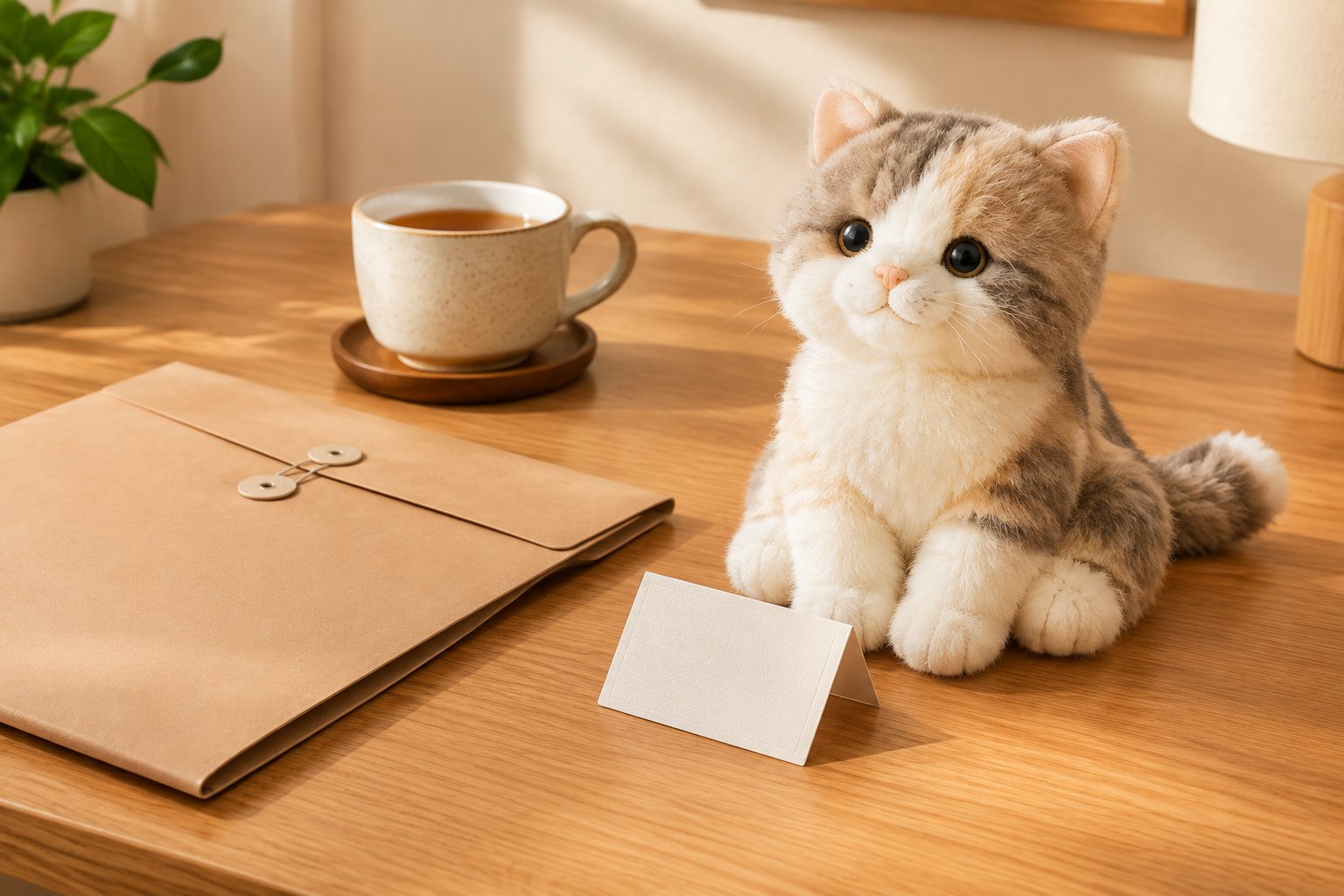 Teacup, document folder and folded care label beside a plush cat toy on a wooden desk