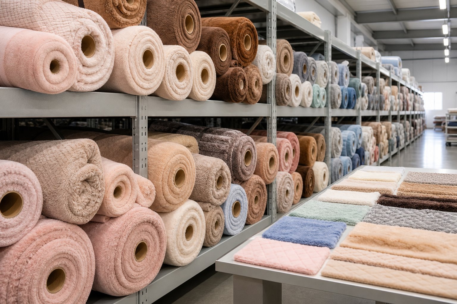 Rolls of plush fabric stored by type on factory shelves