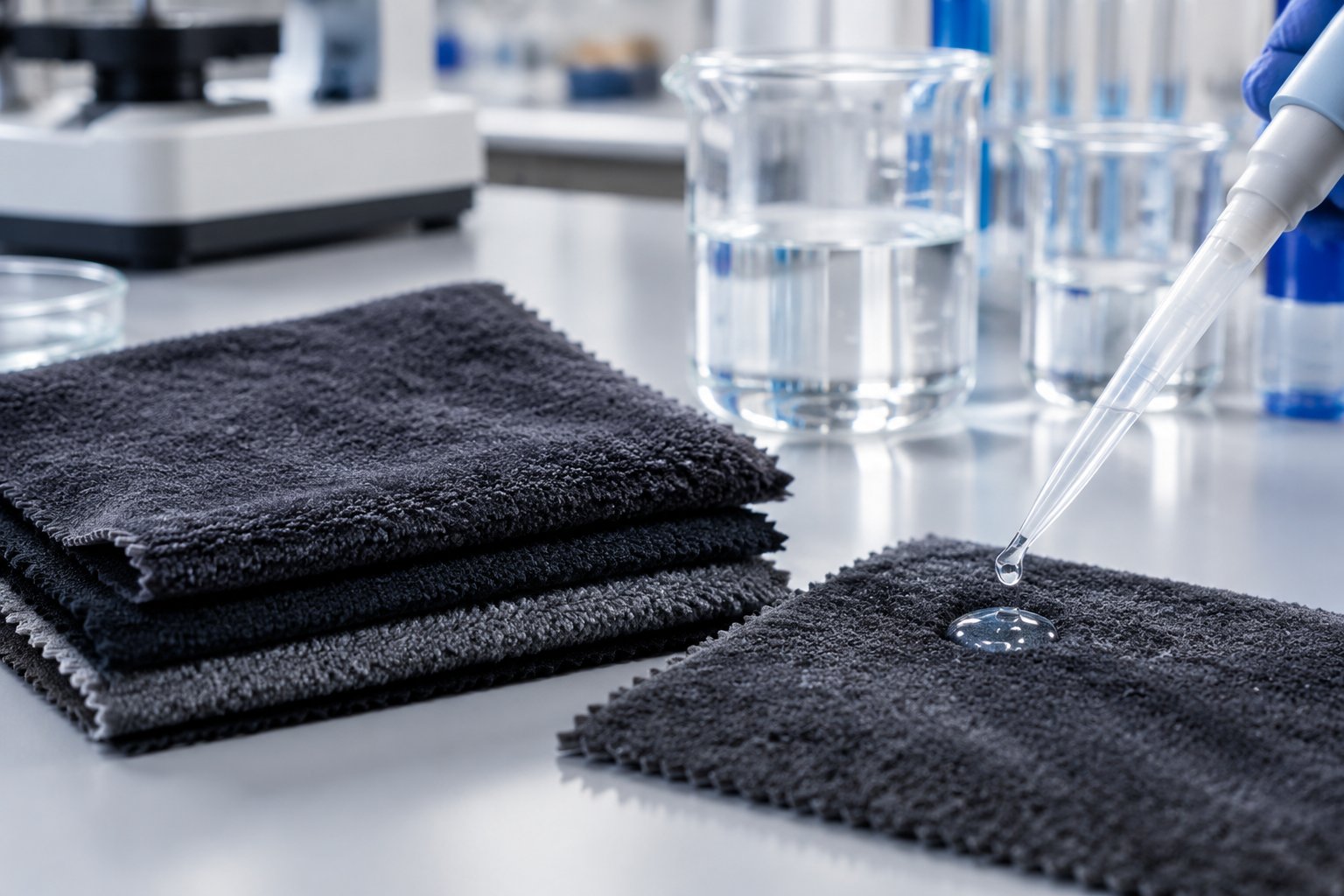 Dark navy and red plush swatches beside laboratory glassware on a bench