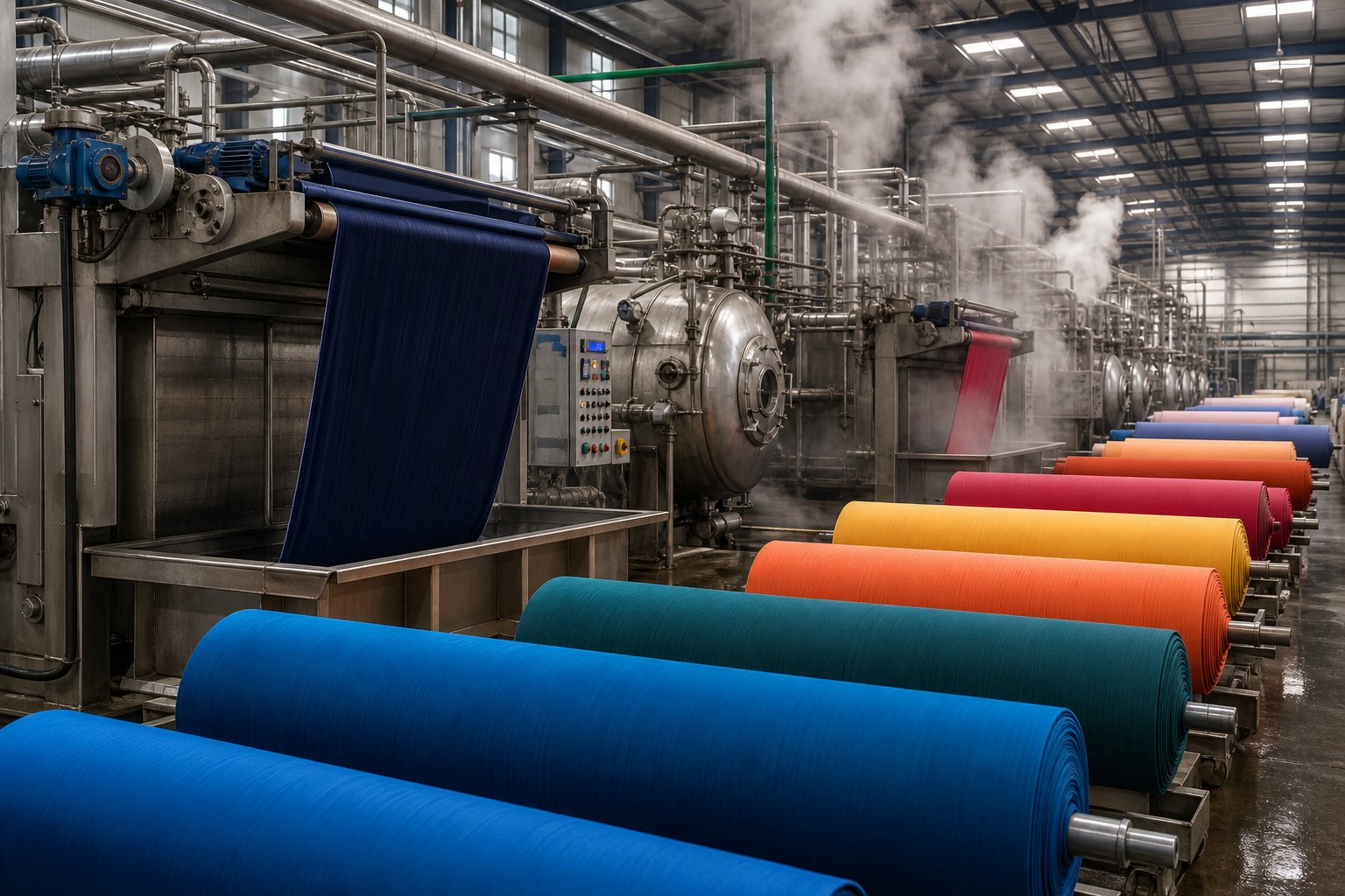 Fabric rolls and dyeing machines inside a textile finishing mill