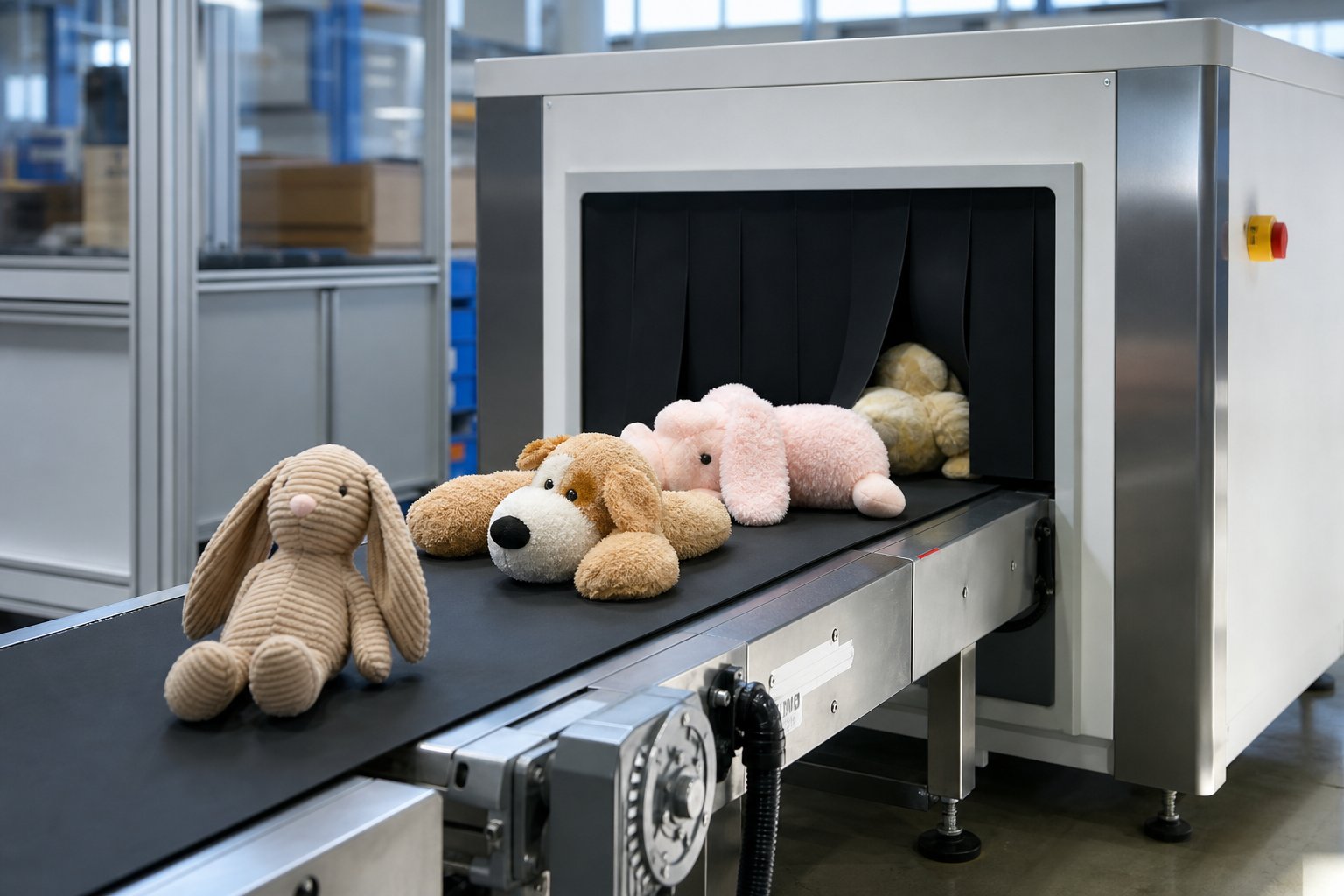 Plush toys passing through a conveyor needle detection machine