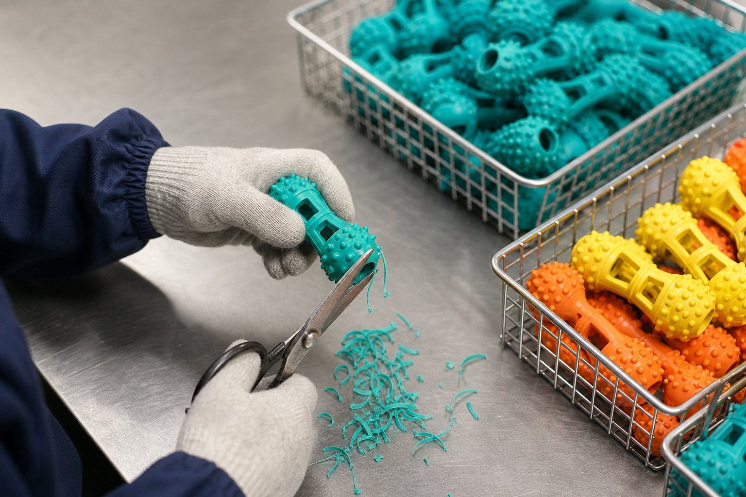 Finished rubber chew toys in baskets beside a molding press