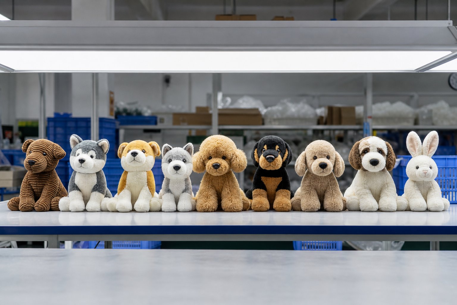 Stuffed plush toys lined up on an inspection table under a light panel