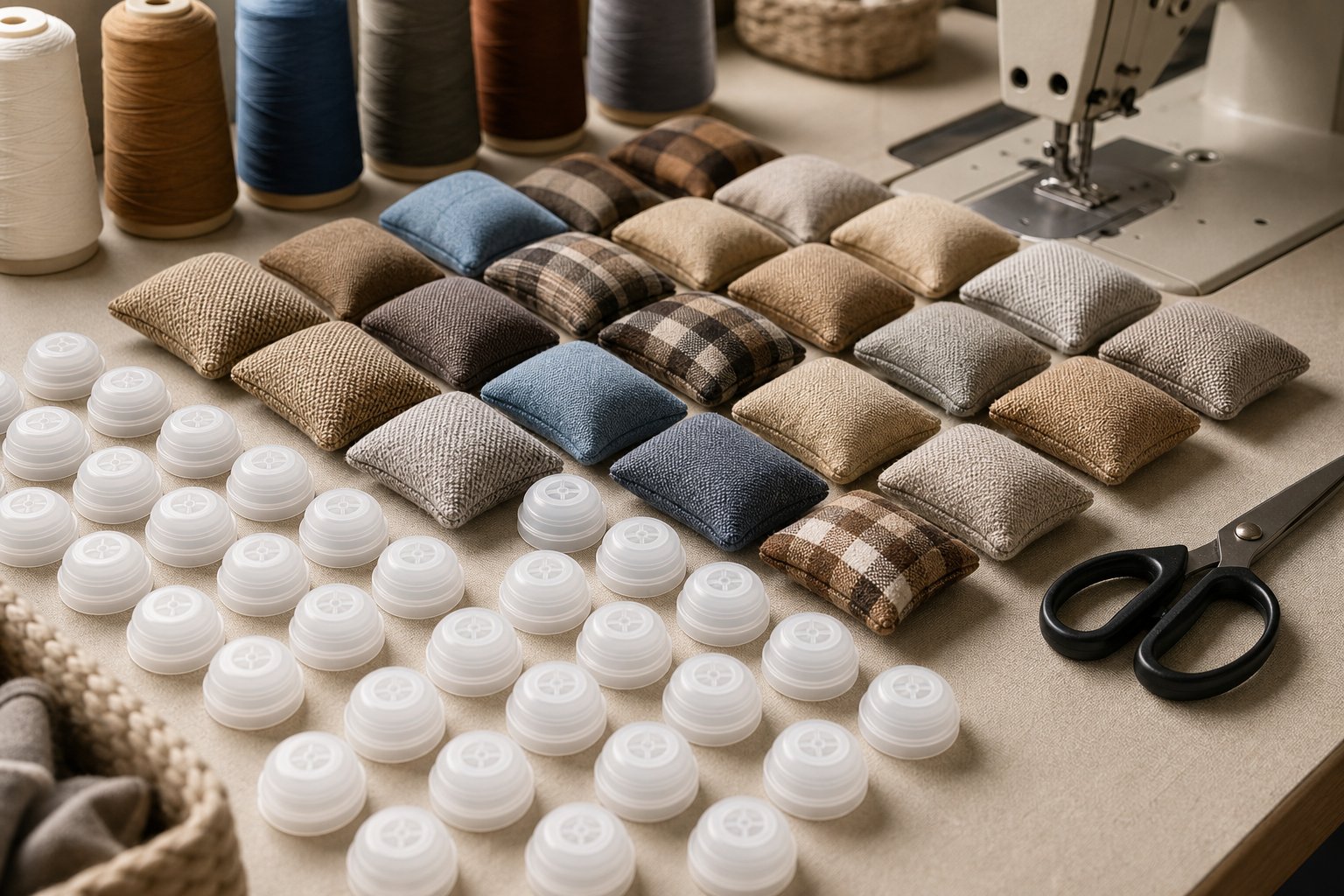 Squeaker units and sewn fabric pouches arranged on a sewing station bench