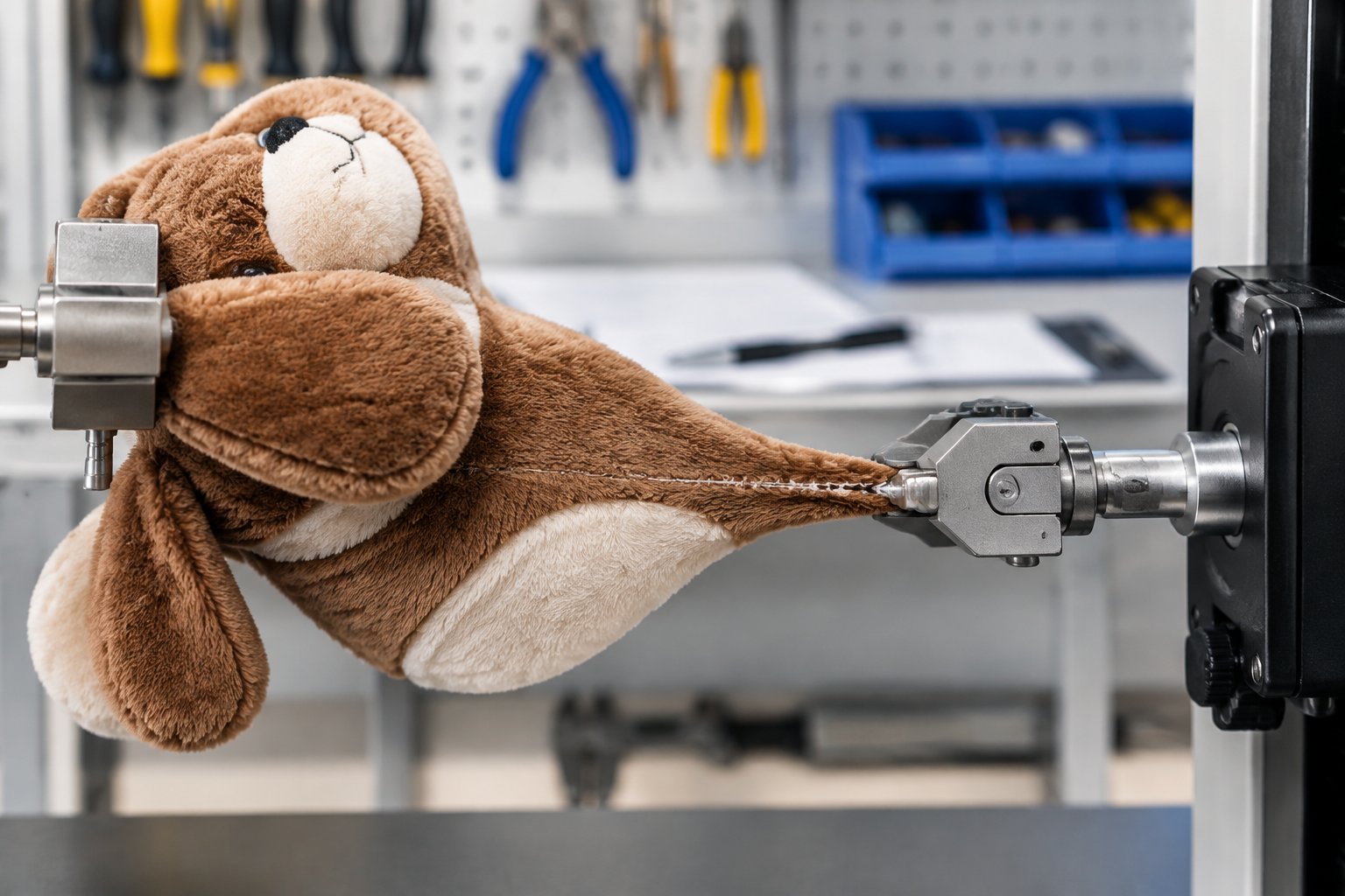 Clamped plush toy seam held in a pull test fixture with a force gauge