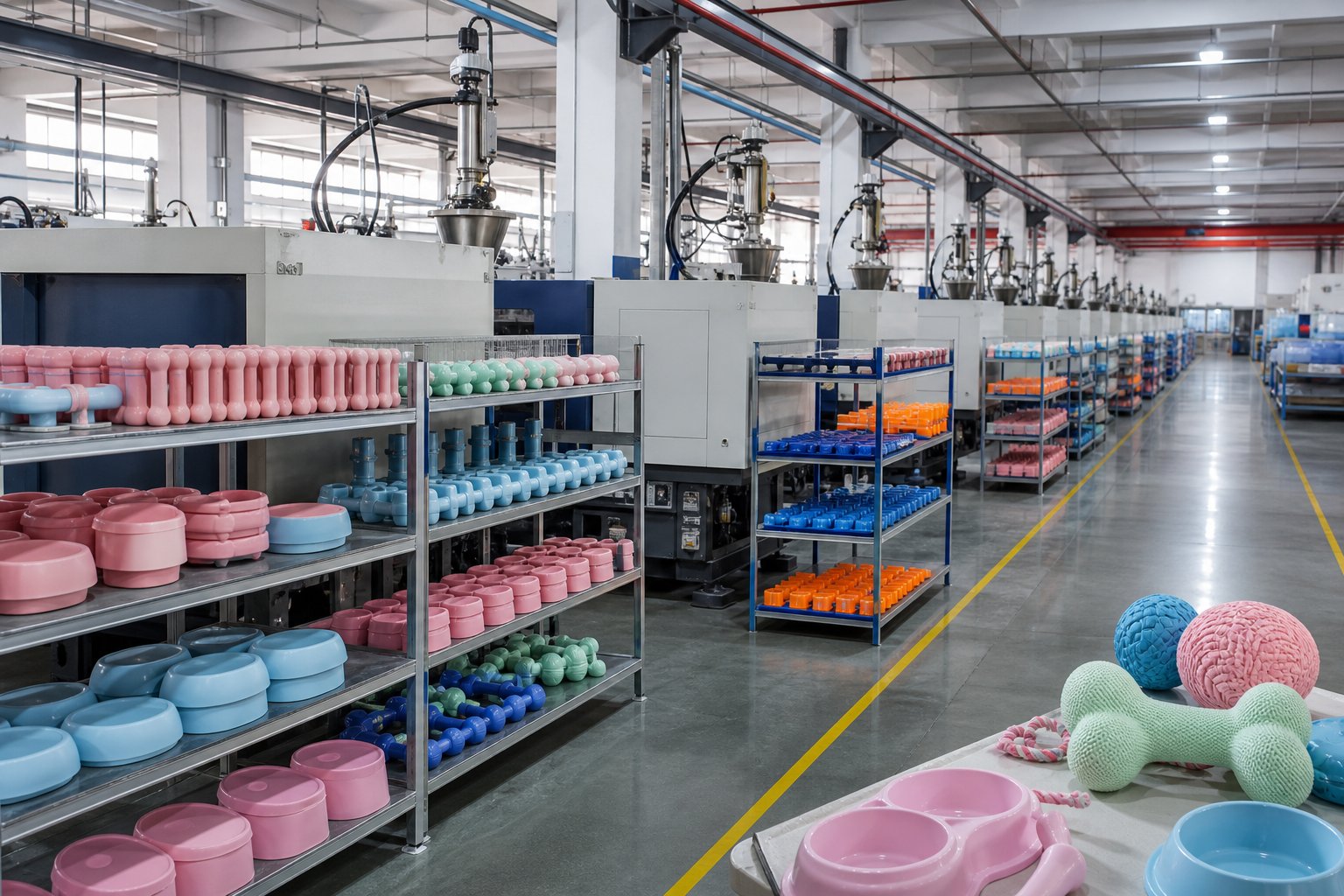 Wide view of an orderly injection workshop with machines running in sequence
