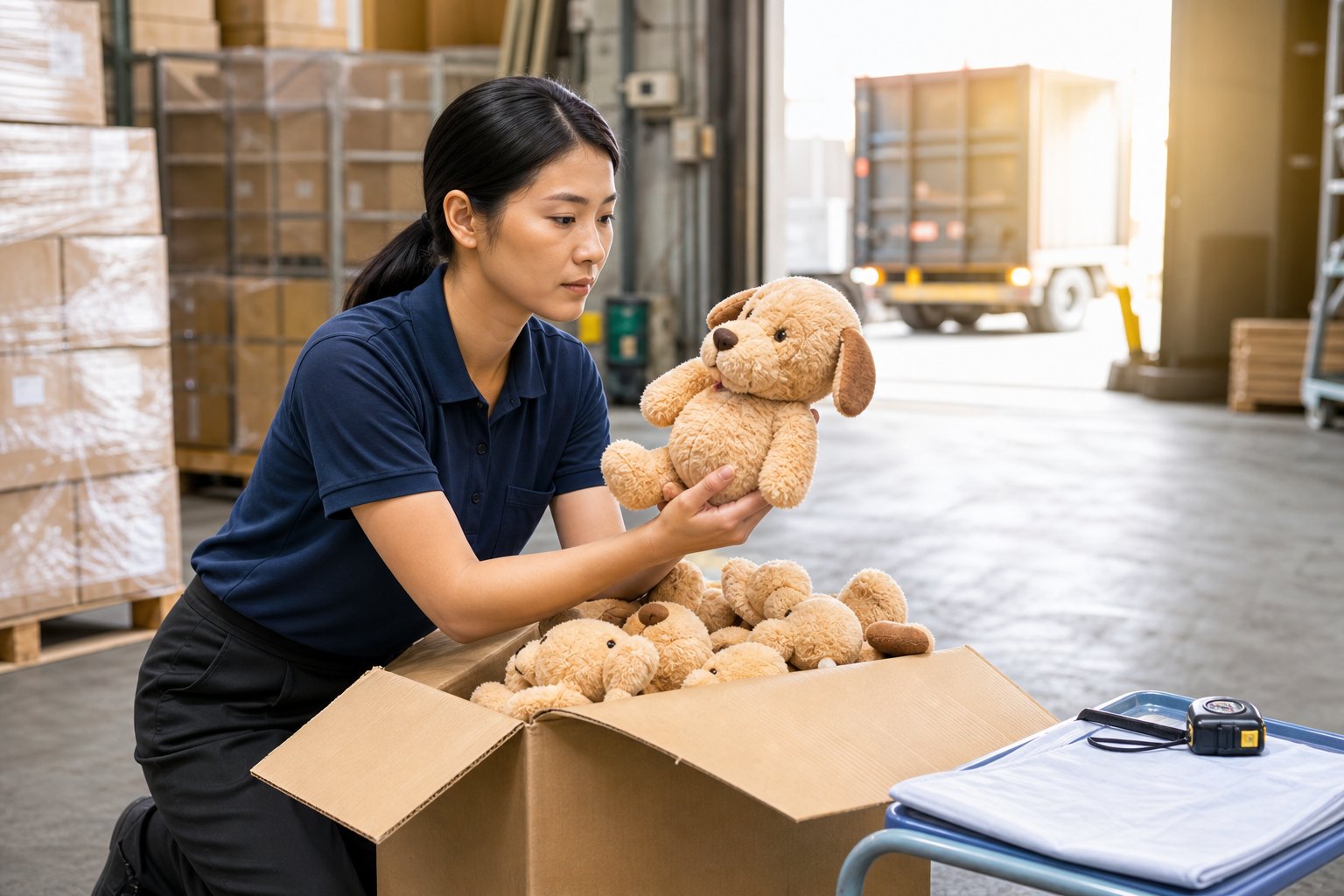 Inspector drawing packed toys at random from an open carton during sampling