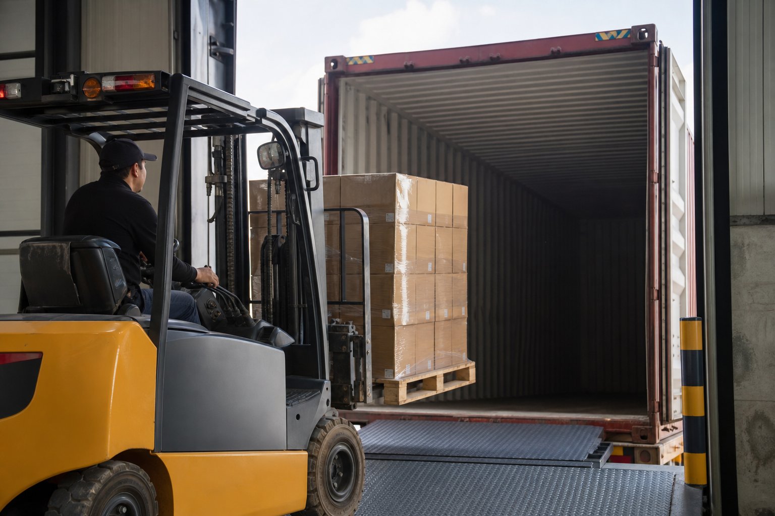 Forklift lifting pallets of toy cartons into a container at a warehouse dock