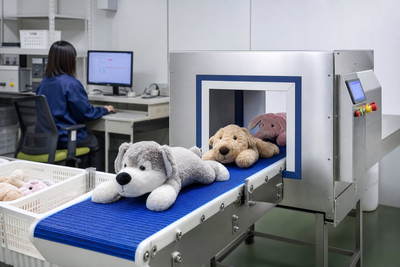 Plush toys passing through a needle detection machine on a small production run