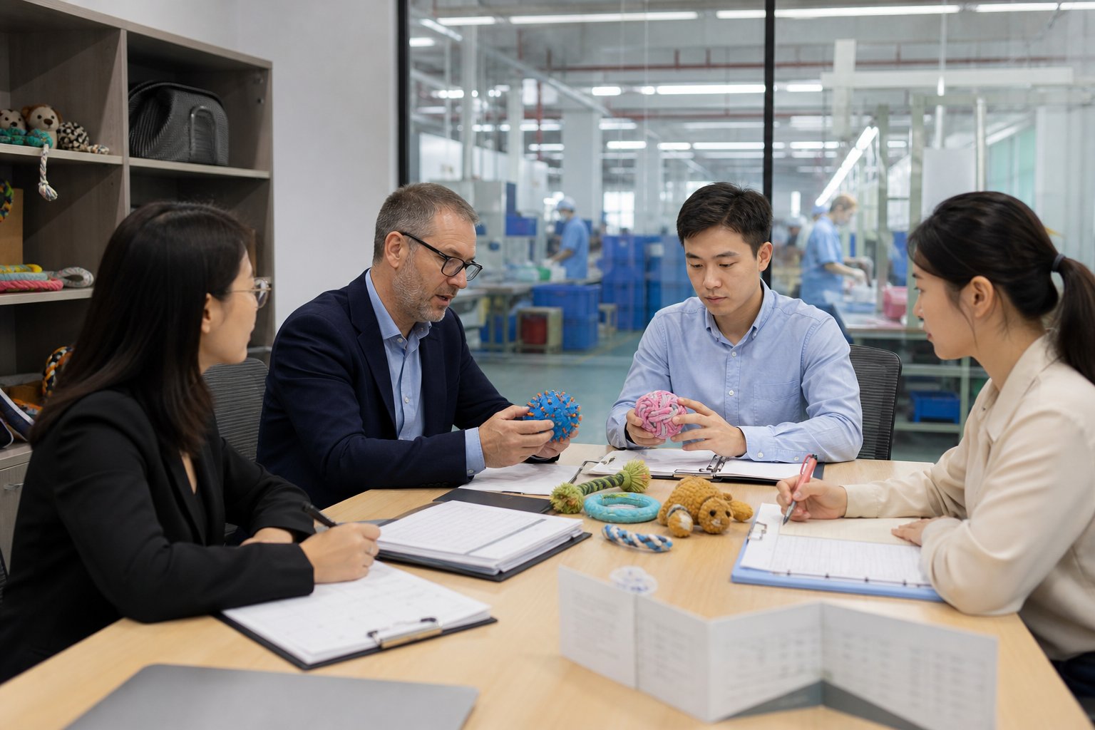 Document folders and sample toys arranged on a table during an audit review meeting