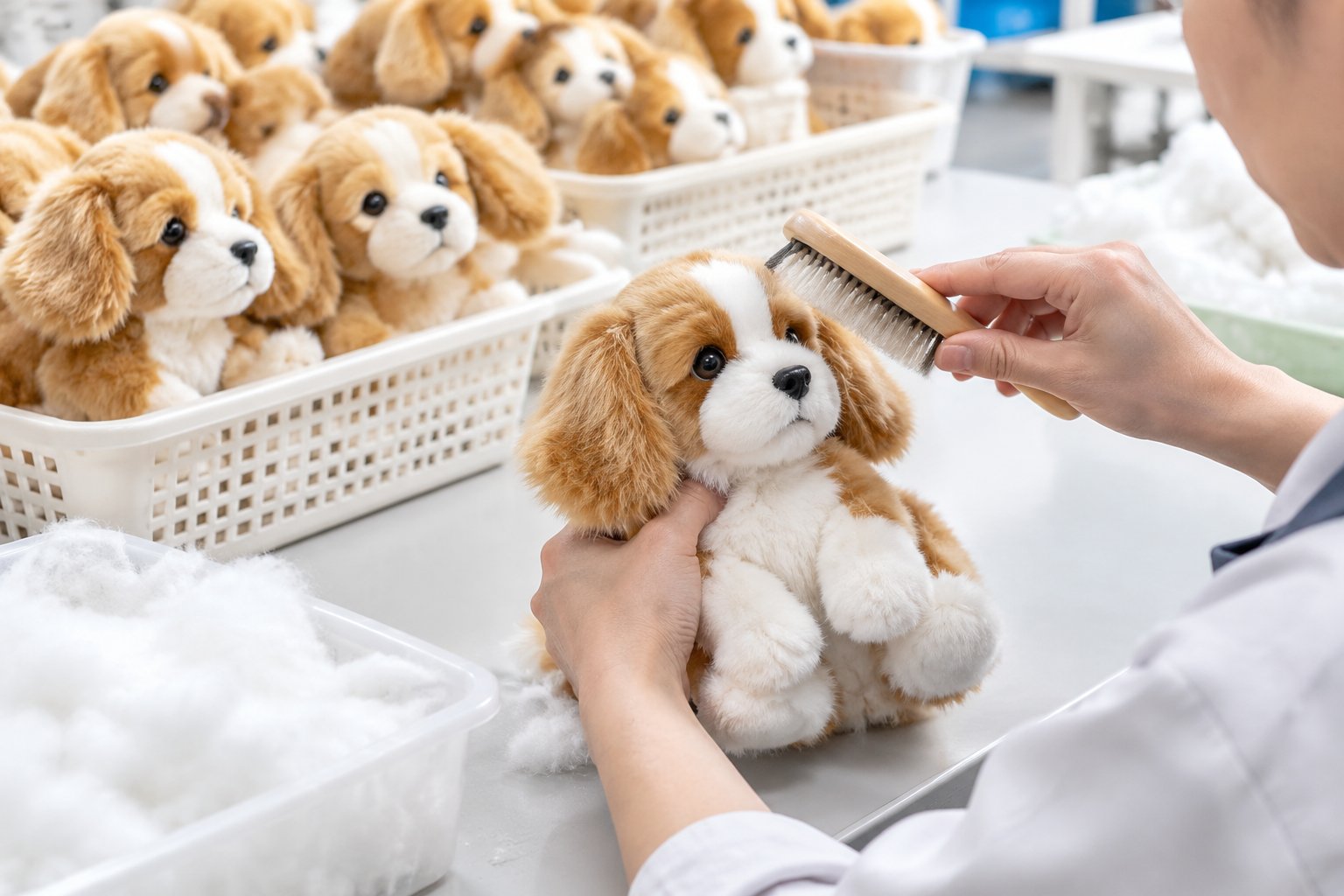 Hands shaping a plush dog toy at a stuffing and finishing station