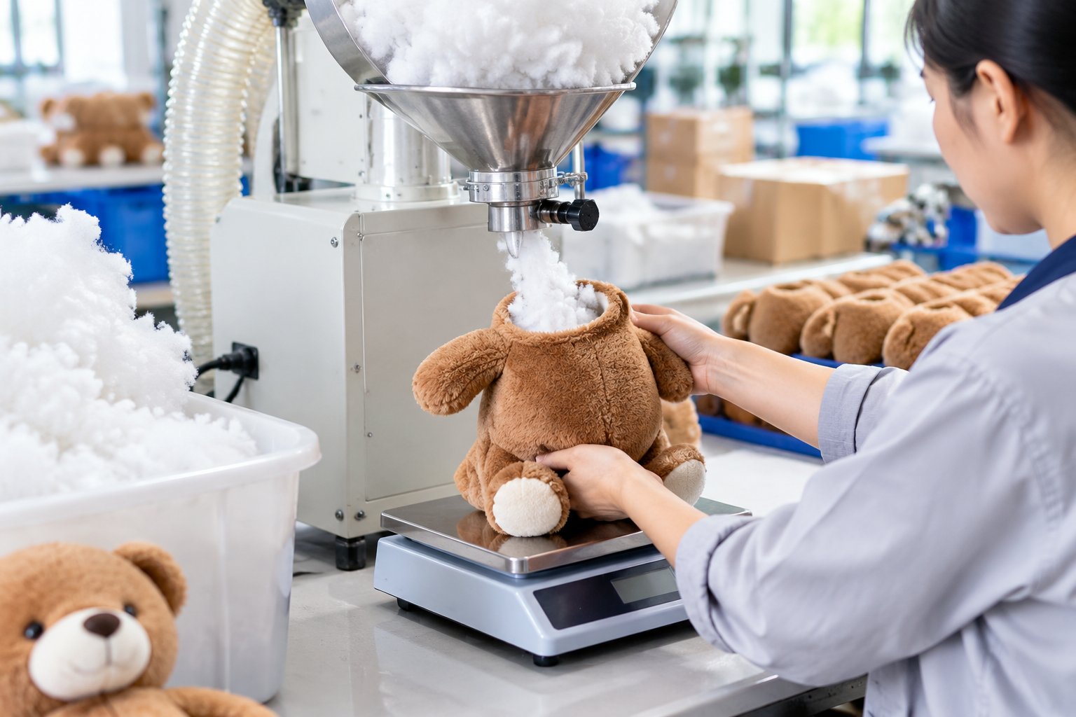 Weighing fill material at a plush toy stuffing station