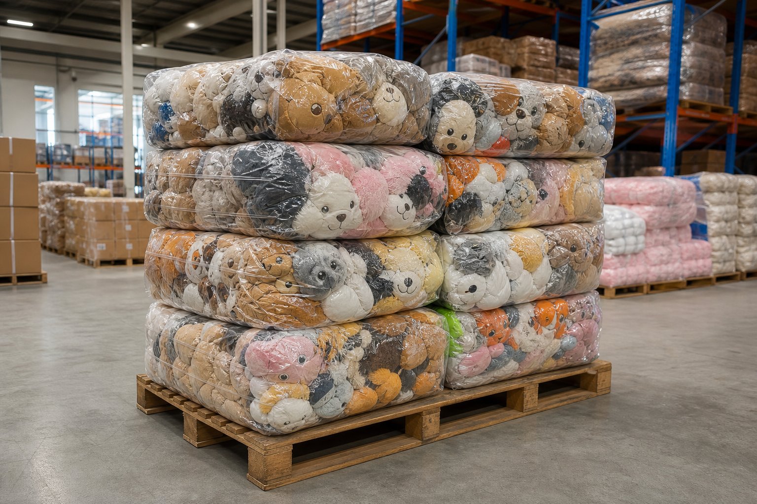 Vacuum-compressed bundles of plush toys stacked on a pallet