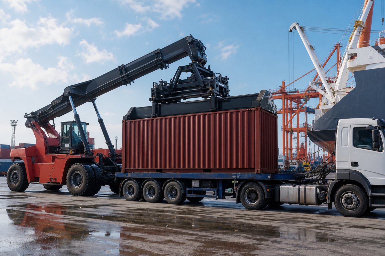 Container lowered onto a truck chassis at the port gate