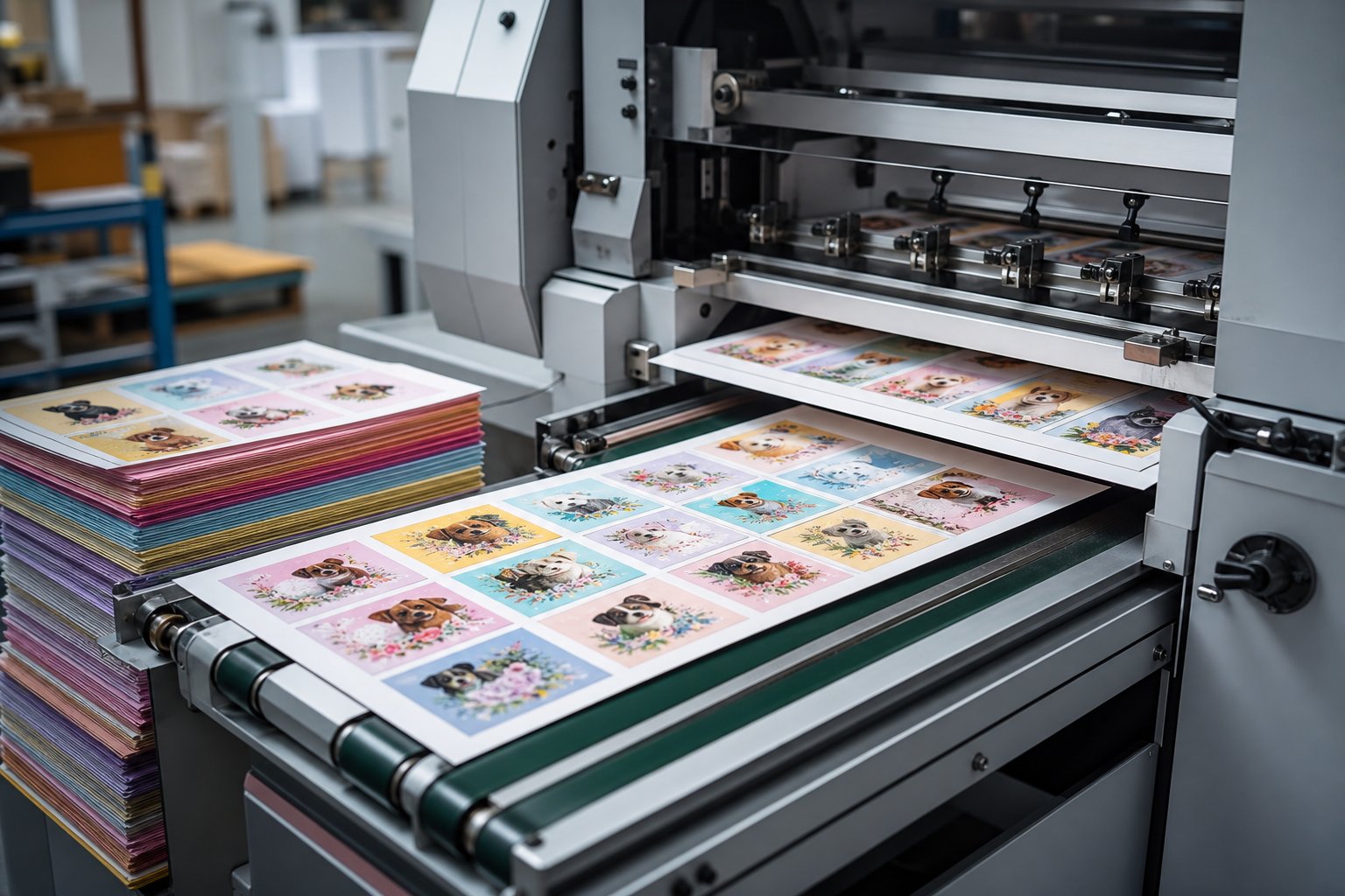 Printed card sheets emerging from a finishing machine at a print shop