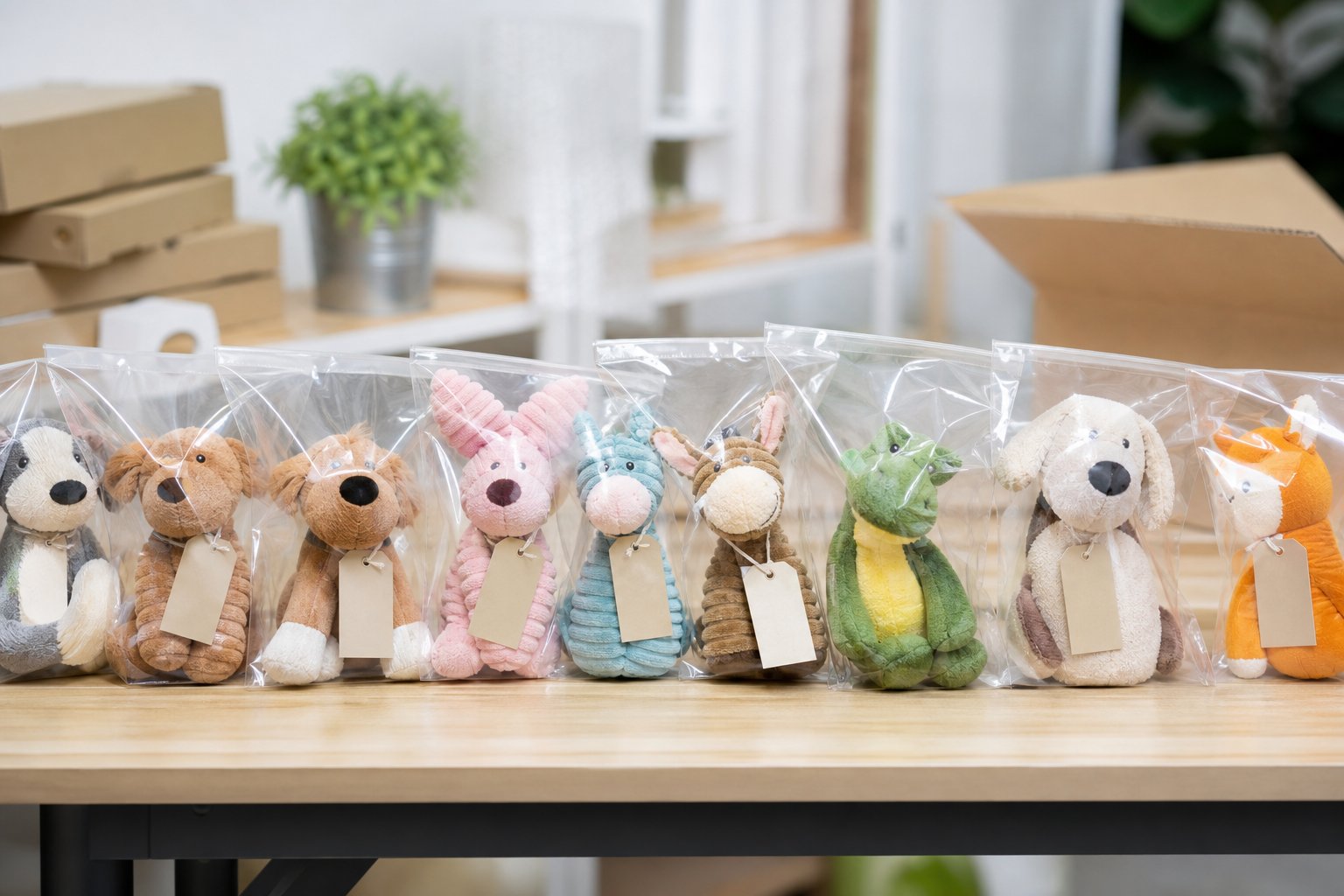 Tagged plush toys sealed in polybags lined up on a packing table