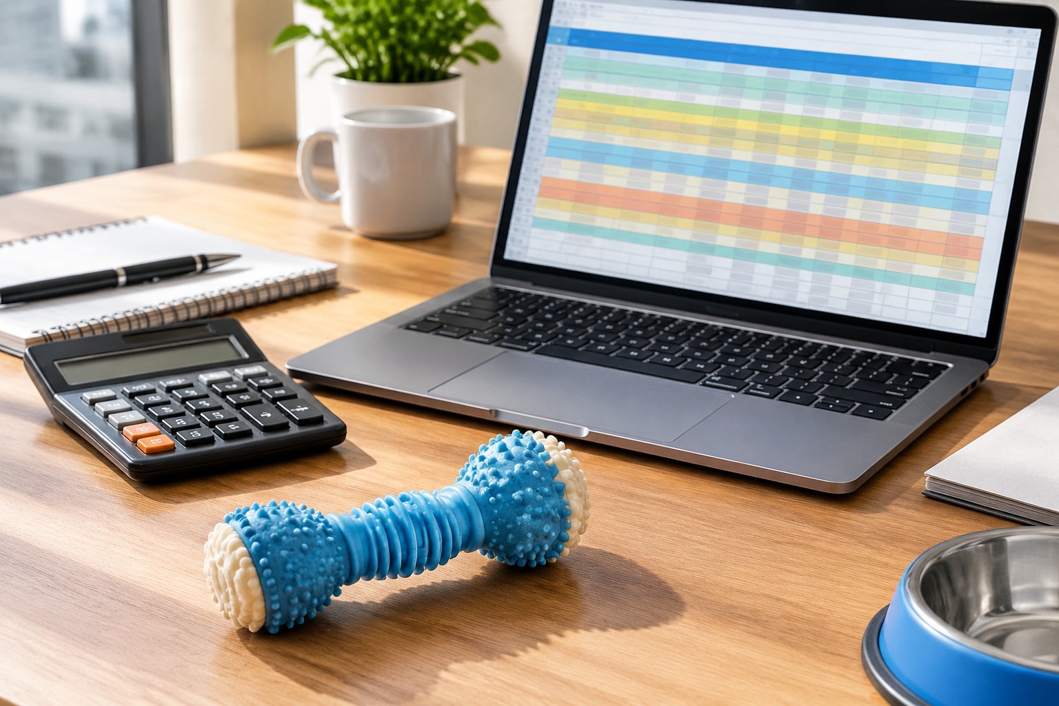 Spreadsheet on a laptop beside a rubber chew toy sample