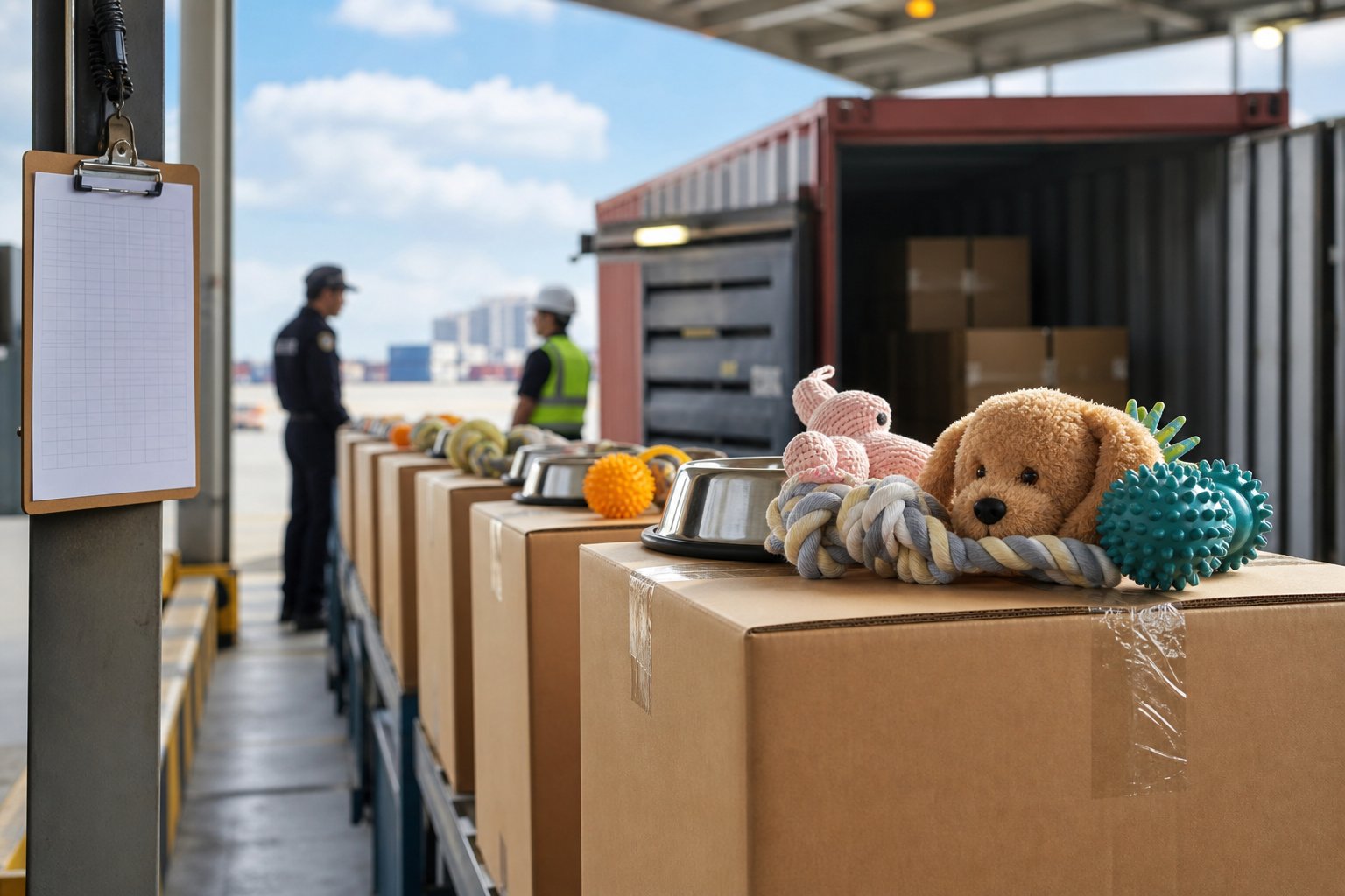 Sealed cartons of pet toys queued at a customs inspection dock