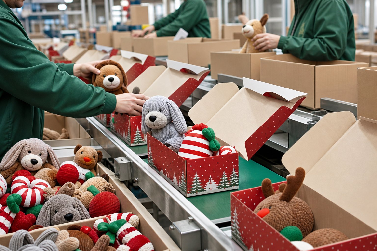 Packing line filling holiday-printed cartons with plush pet toys