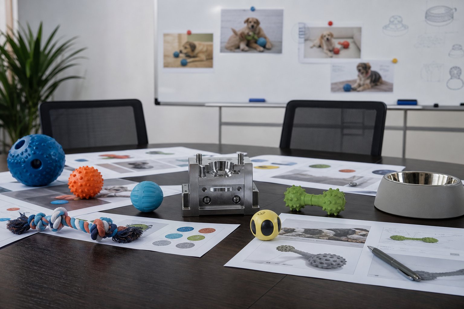 Factory meeting room with toy prototypes, test reports and a mold sample on the conference table