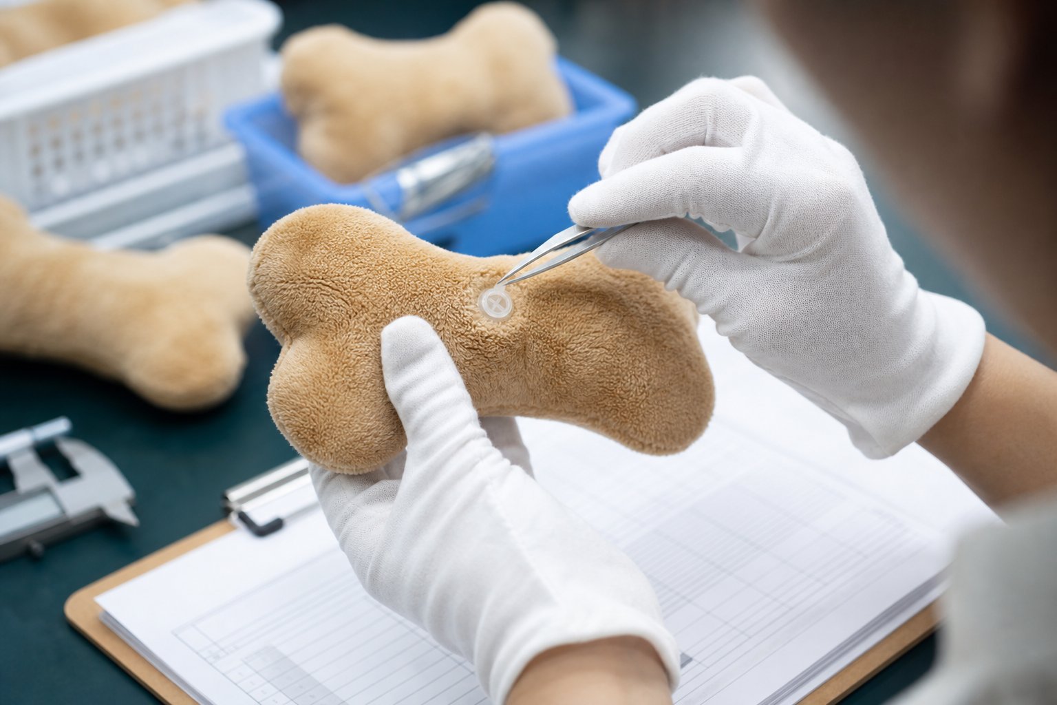 Quality inspector examining a plush toy with tweezers over a defect report