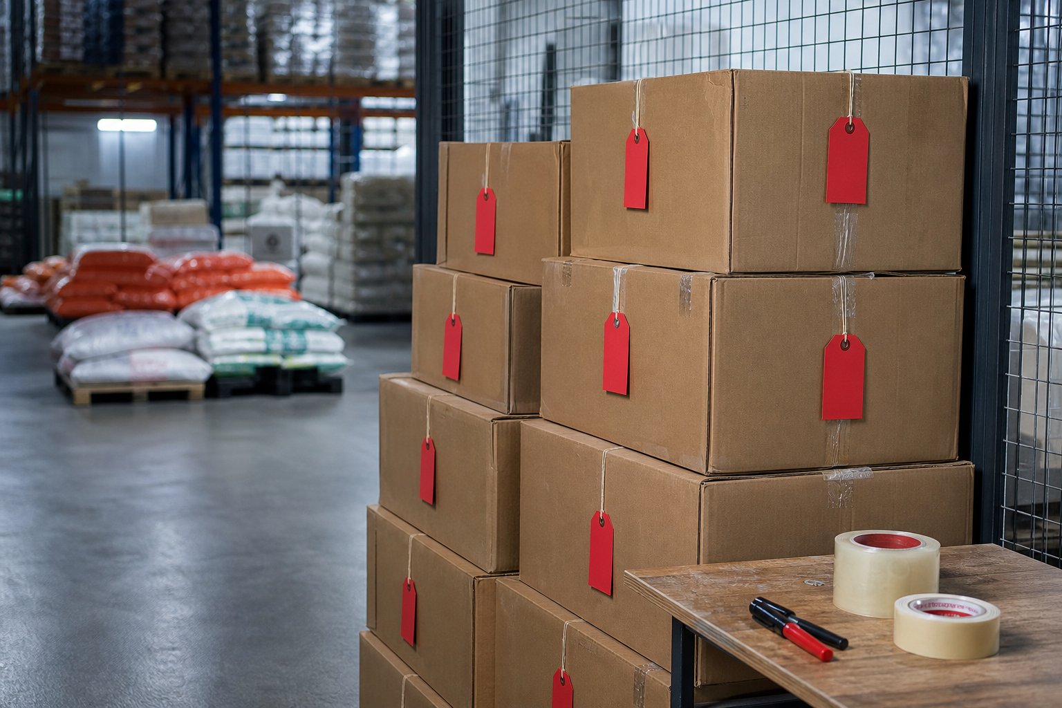 Stack of rejected cartons with red hold tags in a warehouse quarantine corner