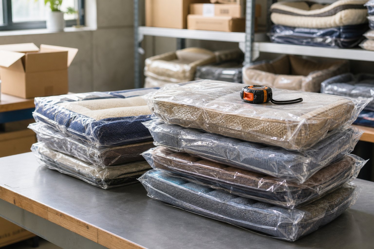 Compressed multipack parcels stacked at a packing bench with a tape measure resting on top