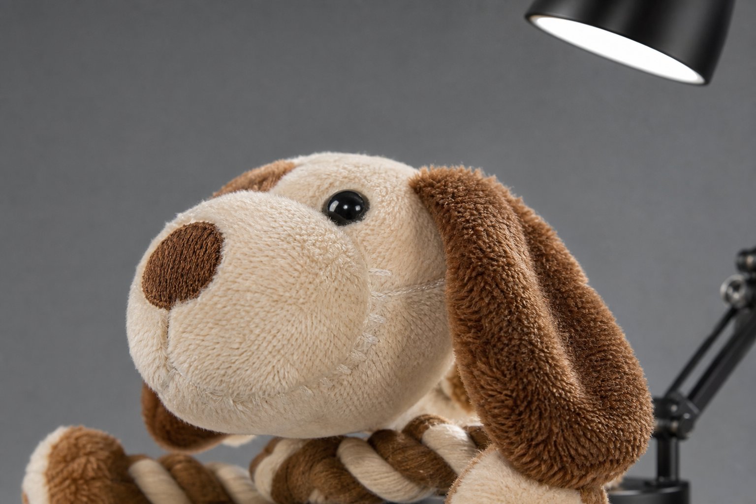Macro photography setup showing plush toy stitching under a desk lamp