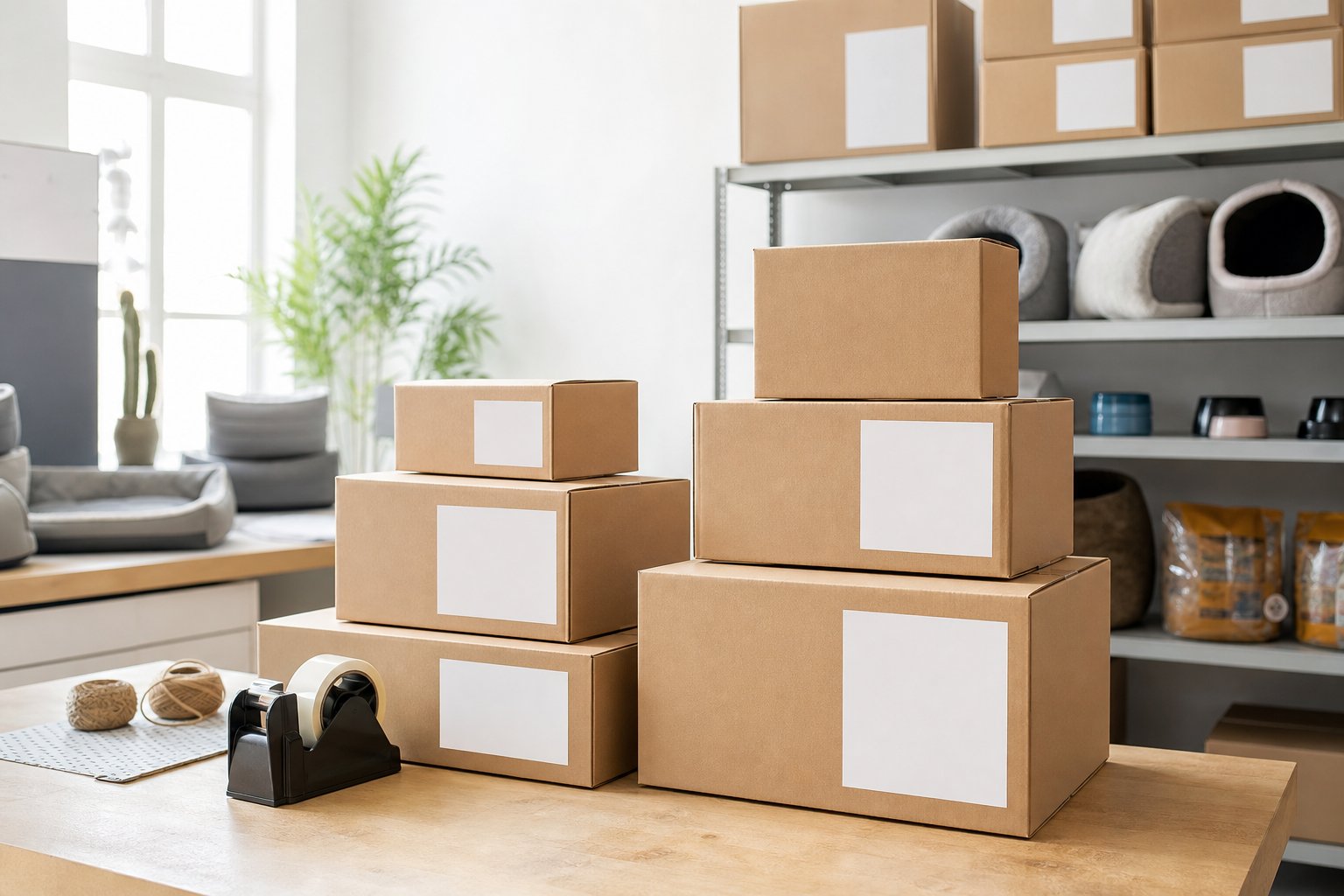 Plain shipping boxes with blank packaging labels prepared for European retail