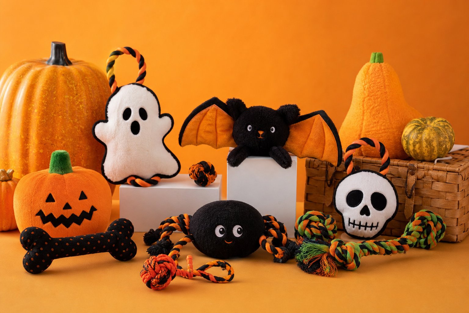 Halloween themed dog toys arranged with pumpkin props on an orange studio background