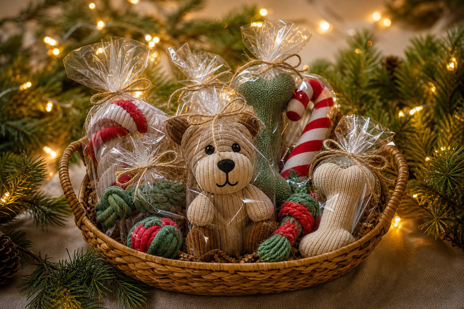 Christmas gift-wrapped pet toys in a basket with pine branches and warm lights