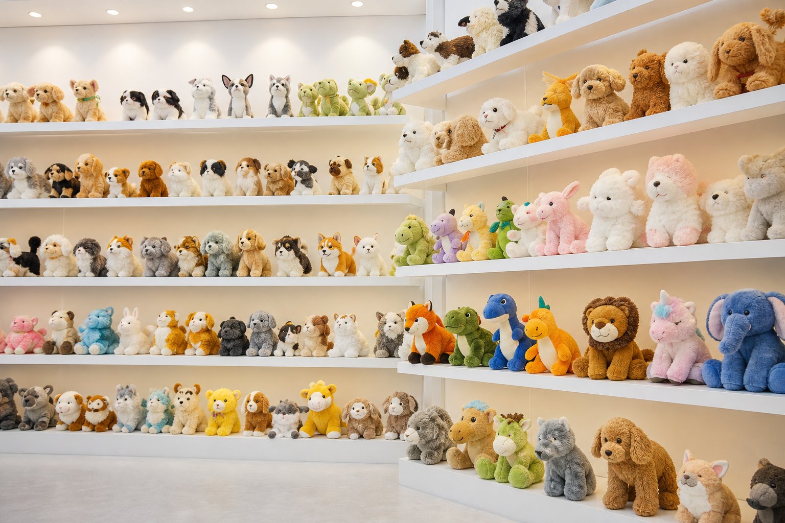 Showroom wall displaying hundreds of plush toys on shelves