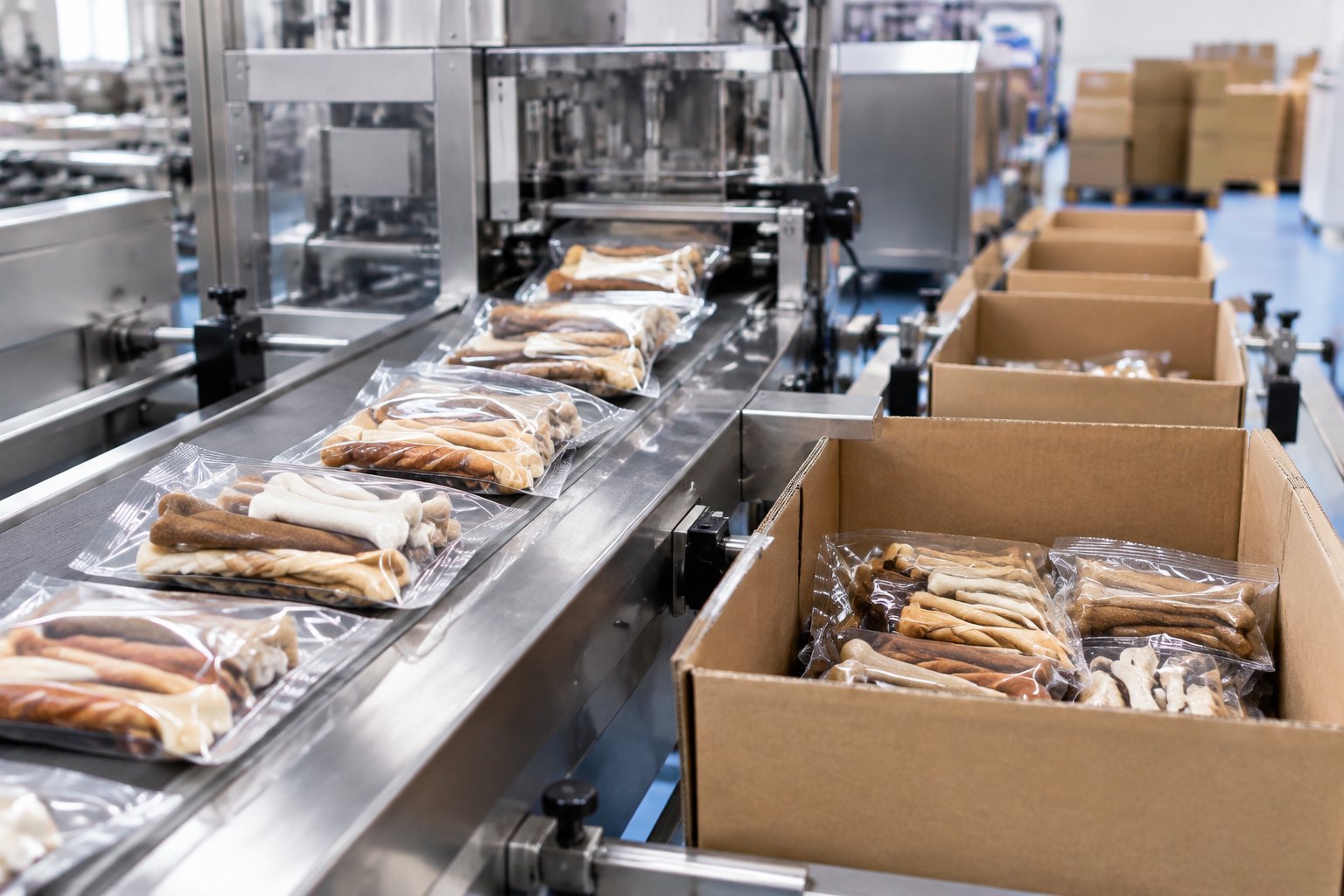 Packaged pet chew products moving along a conveyor into cartons