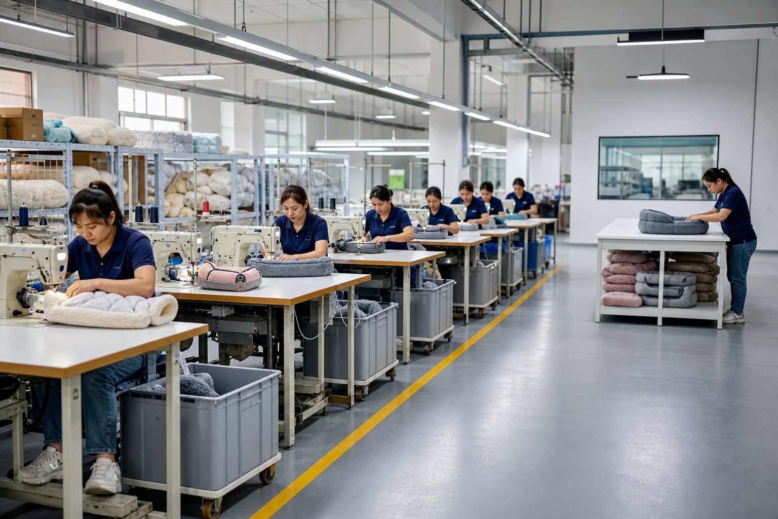 A single organized production line in a clean toy factory workshop
