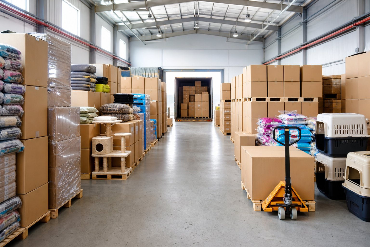 Consolidation warehouse with cartons from different factories staged for one container