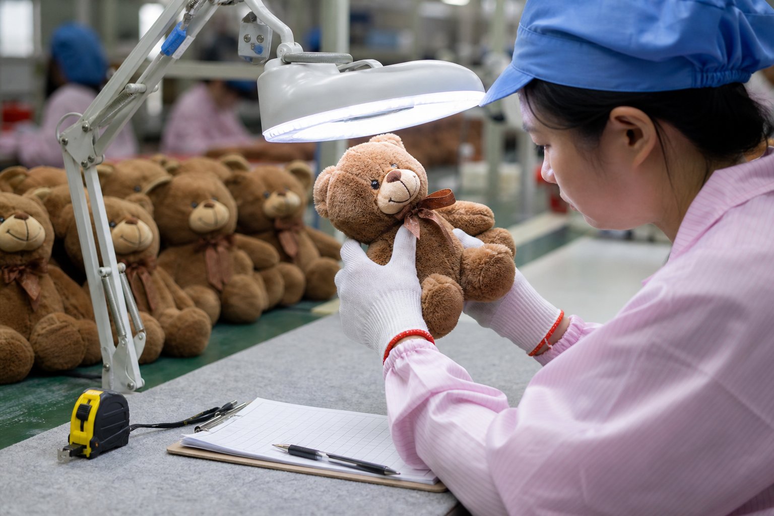 Factory quality control bench where toys are inspected under a lamp before packing