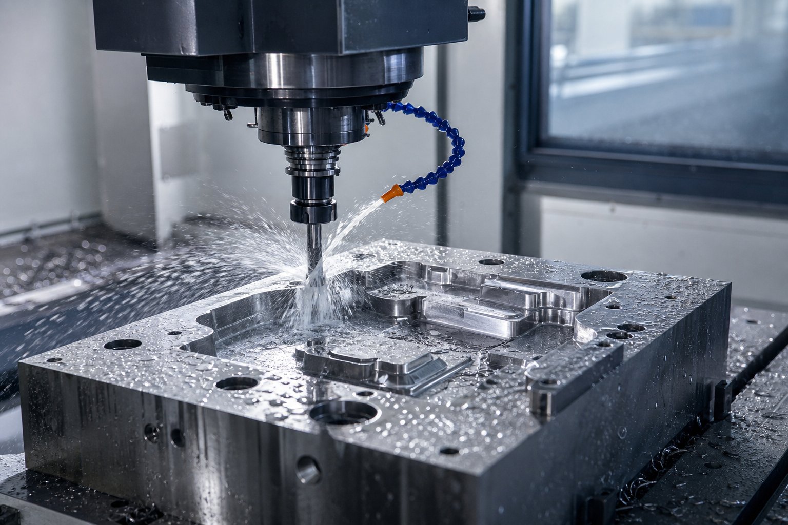 CNC machine milling a steel mold block for a toy part